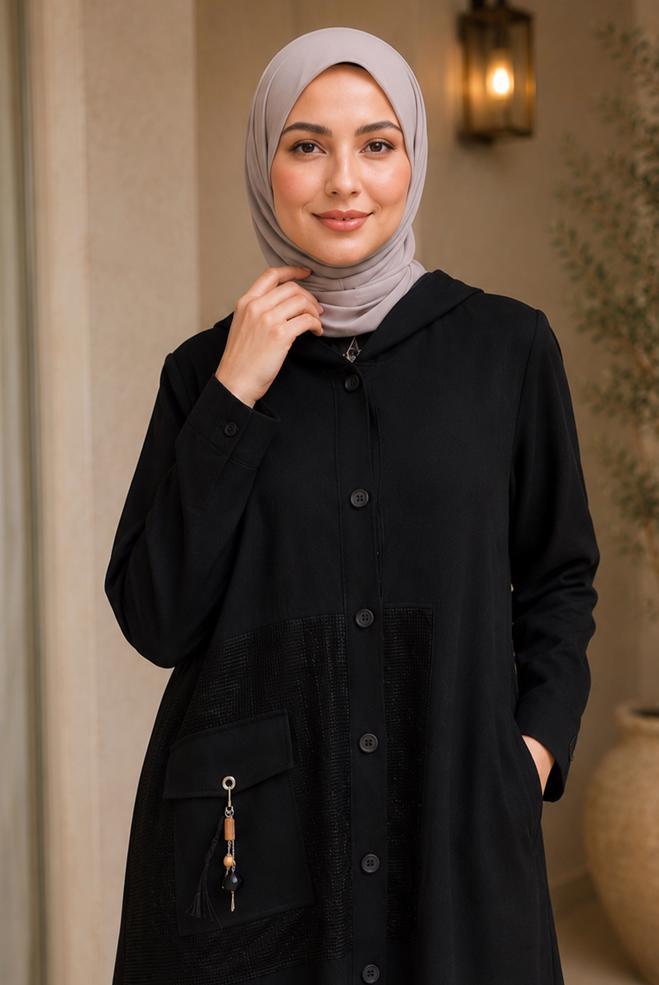 Vêtements hijab NOIR VESTE À CAPUCHE EFFET LIN 46531 - ALVİNA