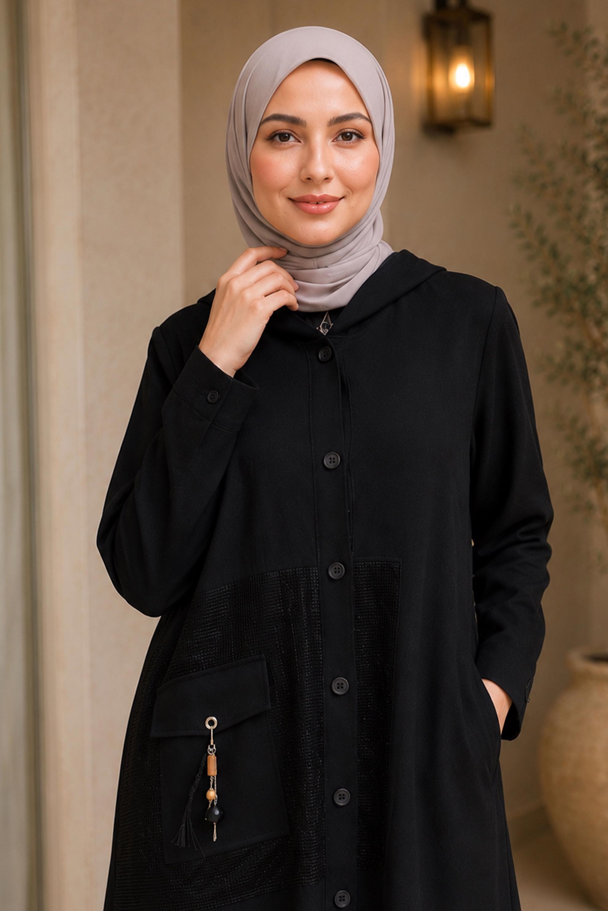 Vêtements hijab NOIR VESTE À CAPUCHE EFFET LIN 46531