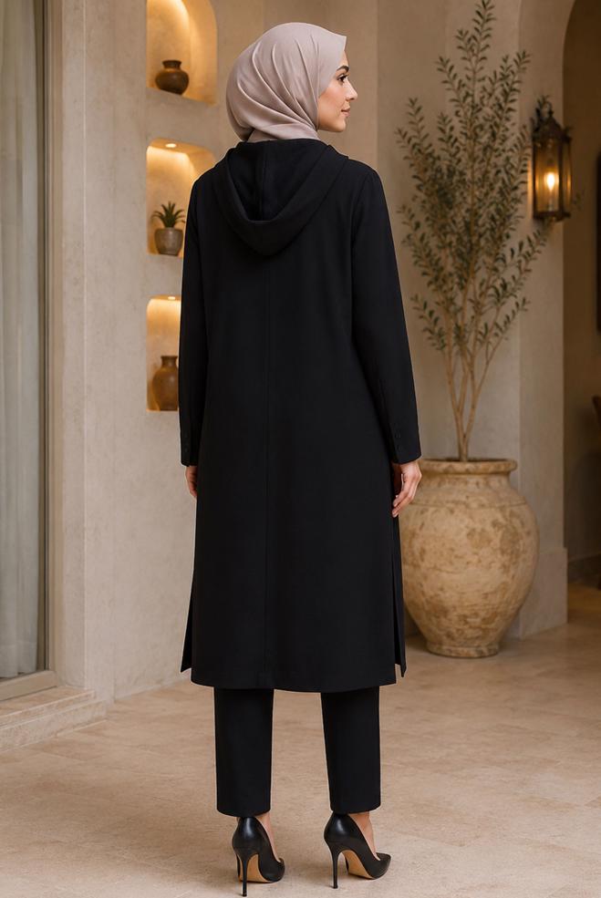 Vêtements hijab NOIR VESTE À CAPUCHE EFFET LIN 46531 - ALVİNA