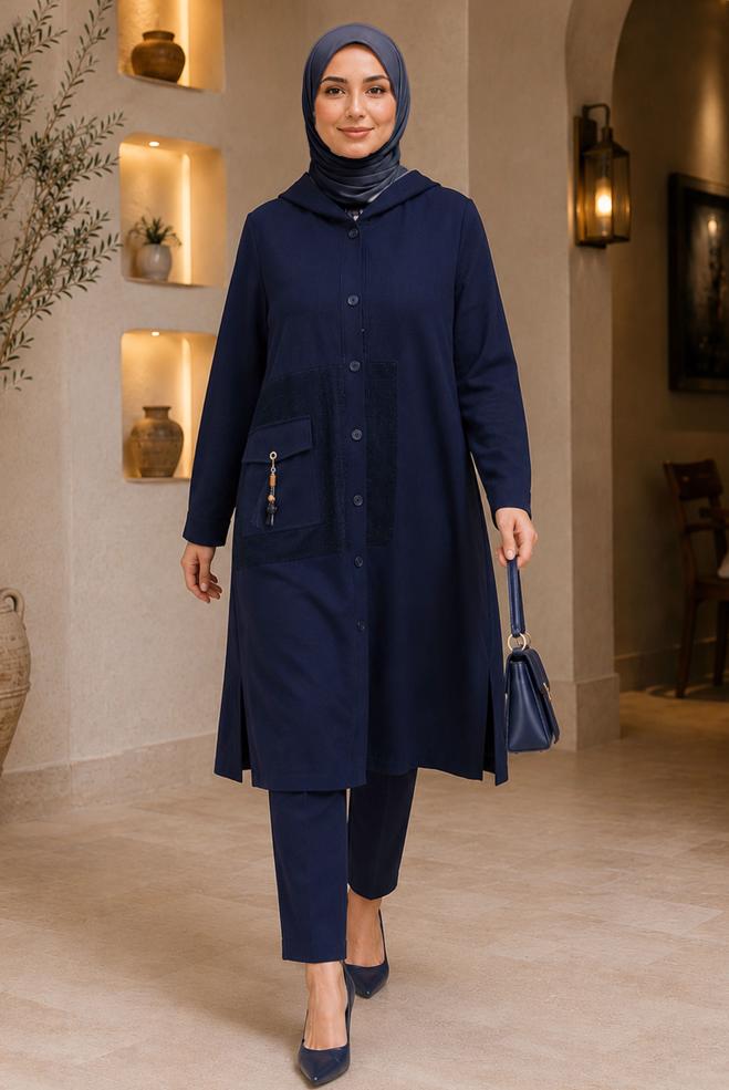 Vêtements hijab BLEU MARINE VESTE À CAPUCHE EFFET LIN 46531 - ALVİNA