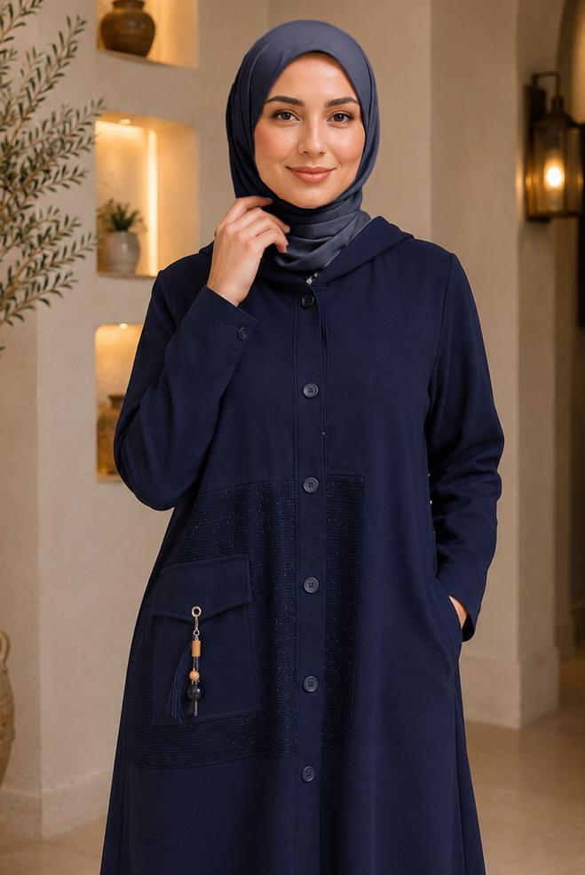 Vêtements hijab BLEU MARINE VESTE À CAPUCHE EFFET LIN 46531 - ALVİNA