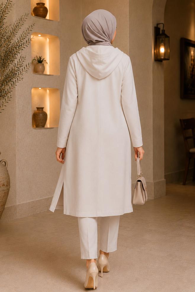Vêtements hijab ÉCRUE VESTE À CAPUCHE EFFET LIN 46531 - ALVİNA
