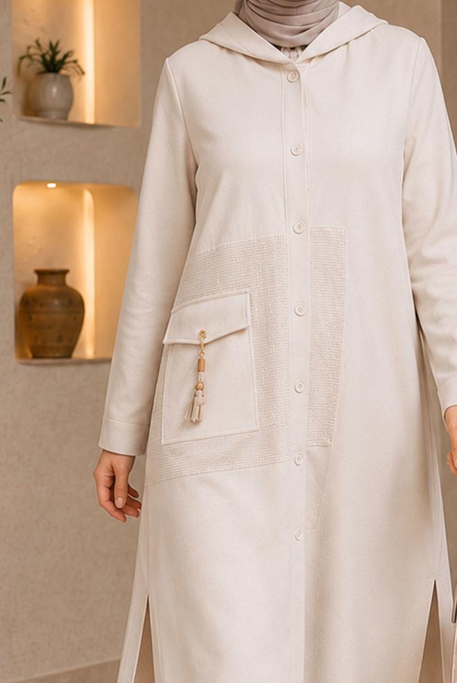 Vêtements hijab ÉCRUE VESTE À CAPUCHE EFFET LIN 46531 - ALVİNA