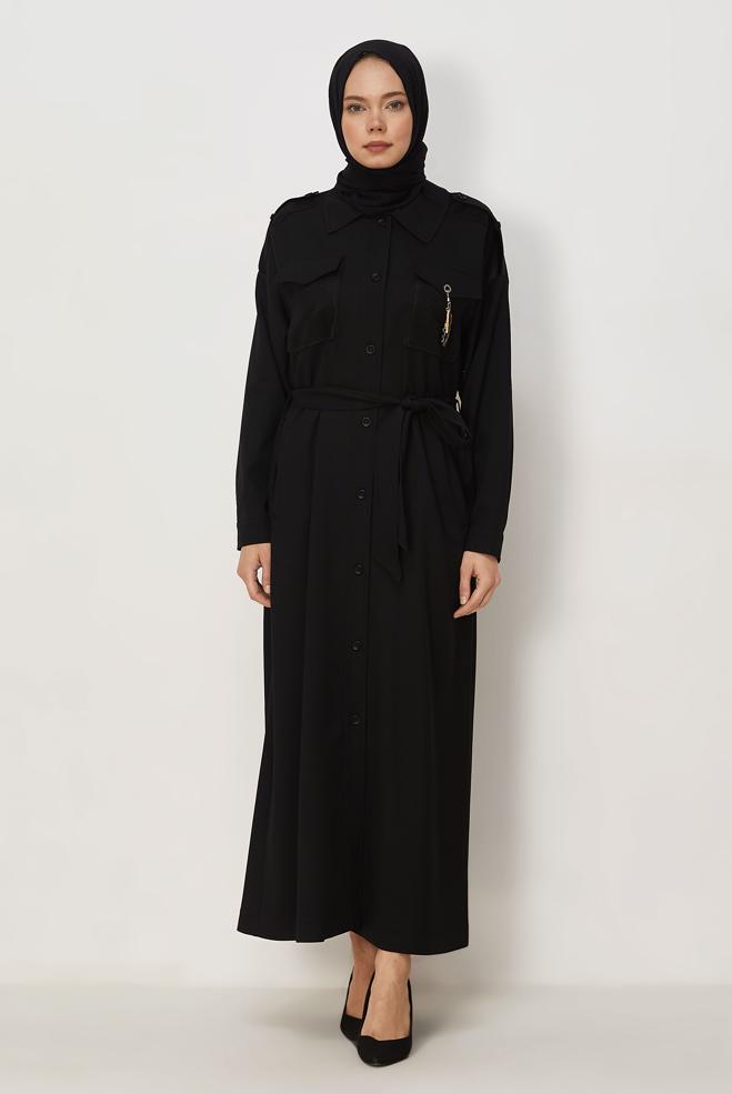 Hijab clothing BLACK BELTED JACKET 46532 - ALVİNA