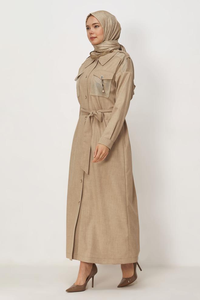 Hijab clothing BEIGE BELTED JACKET 46532 - ALVİNA