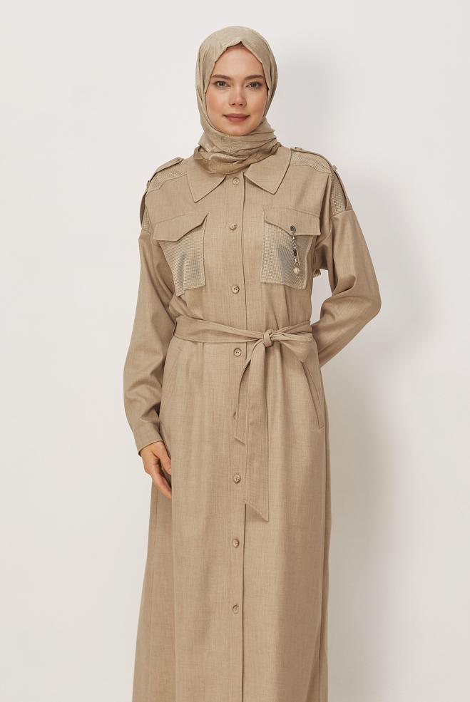Hijab clothing BEIGE BELTED JACKET 46532 - ALVİNA