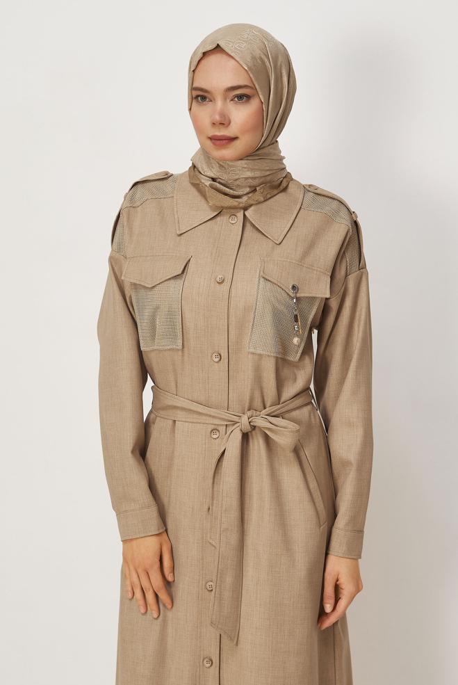 Hijab clothing BEIGE BELTED JACKET 46532 - ALVİNA