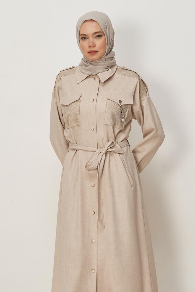 Hijab clothing BEIGE BELTED JACKET 46532 - ALVİNA