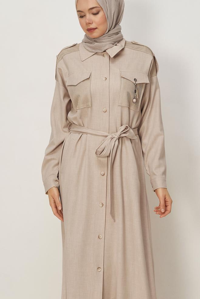 Hijab clothing BEIGE BELTED JACKET 46532 - ALVİNA