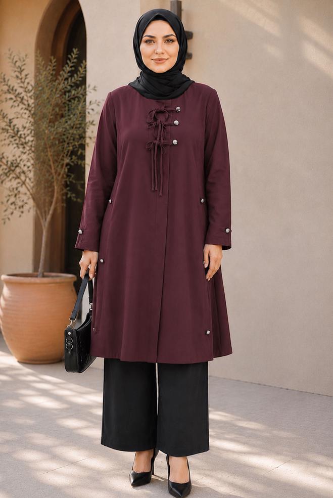 Vêtements hijab BEIGE VESTE NOUÉE GRANDE TAILLE 46675 - ALVİNA