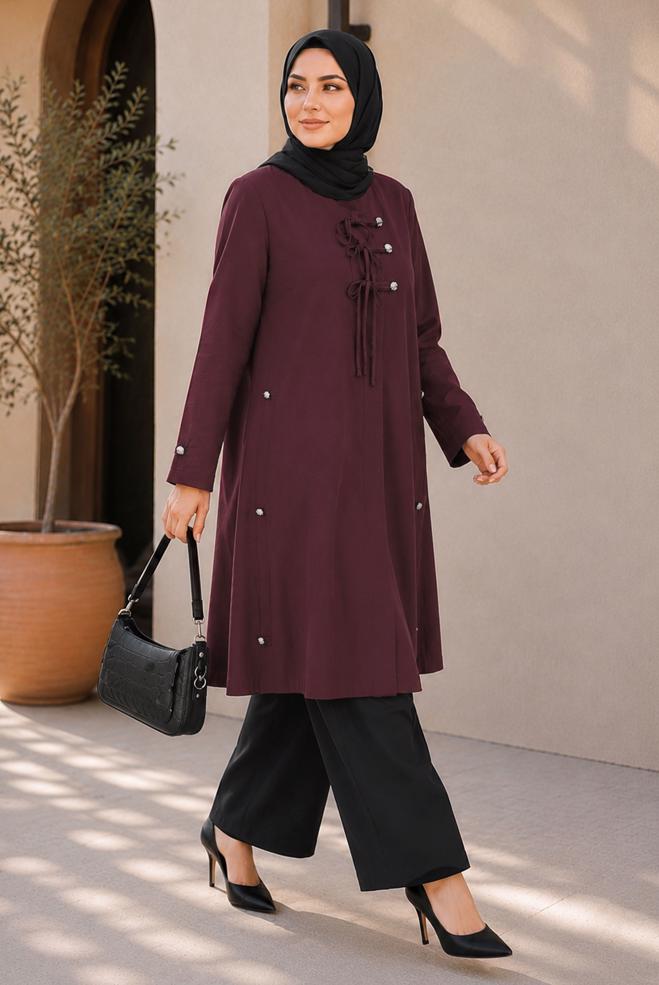 Vêtements hijab BEIGE VESTE NOUÉE GRANDE TAILLE 46675 - ALVİNA