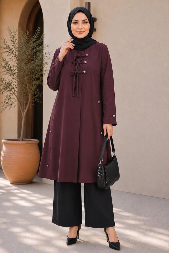 Vêtements hijab BEIGE VESTE NOUÉE GRANDE TAILLE 46675 - ALVİNA