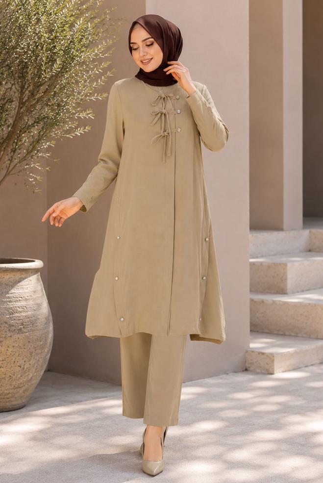 Vêtements hijab BEIGE VESTE NOUÉE GRANDE TAILLE 46675 - ALVİNA