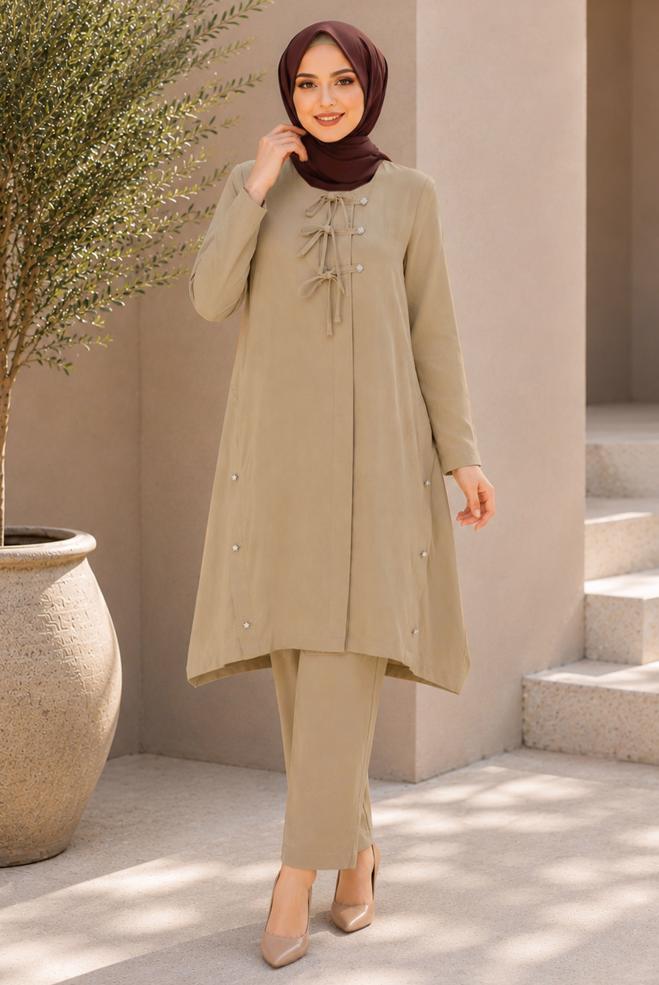 Vêtements hijab BEIGE VESTE NOUÉE GRANDE TAILLE 46675 - ALVİNA