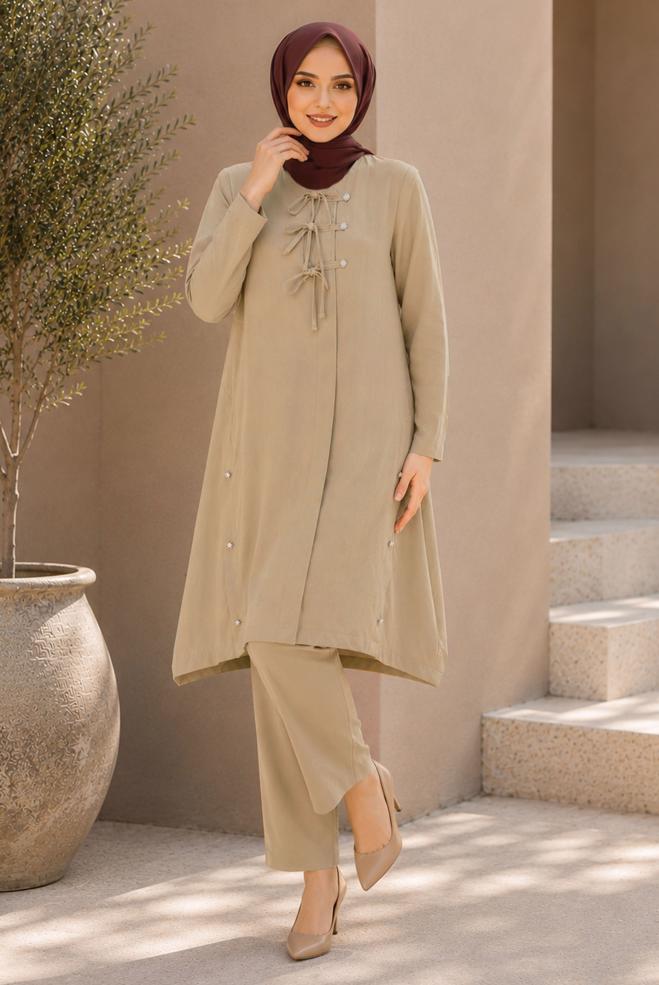 Vêtements hijab BEIGE VESTE NOUÉE GRANDE TAILLE 46675 - ALVİNA