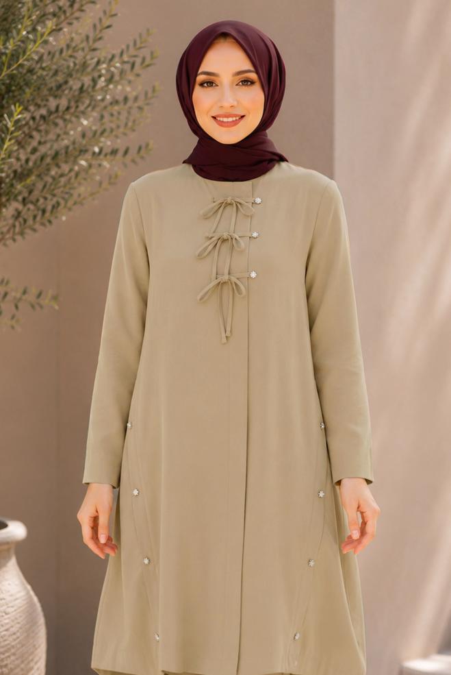 Vêtements hijab BEIGE VESTE NOUÉE GRANDE TAILLE 46675 - ALVİNA