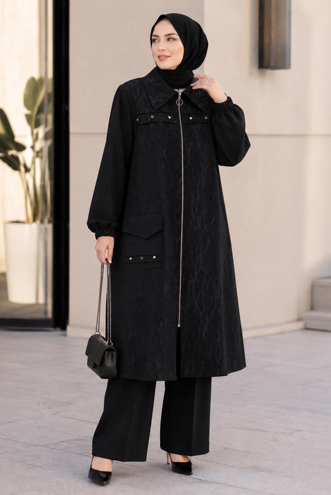 Vêtements hijab NOIR VESTE JACQUARD GRANDE TAILLE 46716 - ALVİNA