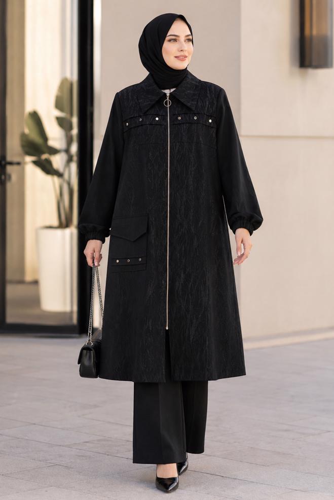 Vêtements hijab NOIR VESTE JACQUARD GRANDE TAILLE 46716 - ALVİNA