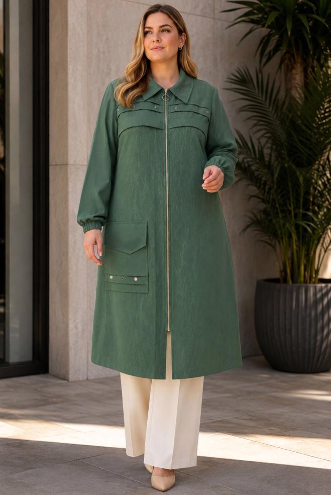 Vêtements hijab VERT VESTE JACQUARD GRANDE TAILLE 46716 - ALVİNA