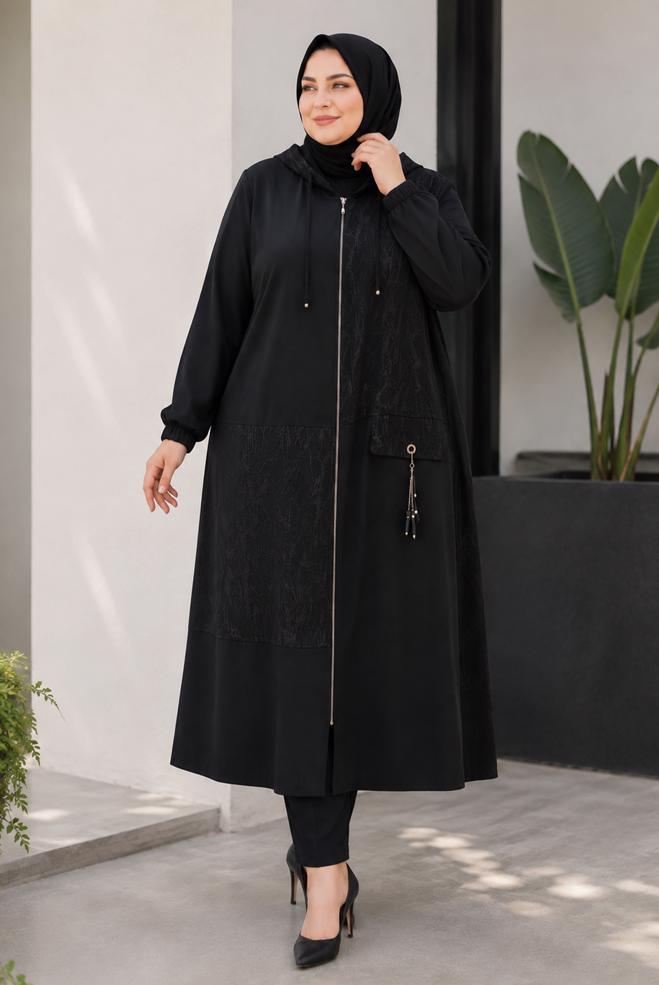 Vêtements hijab NOIR VESTE JACQUARD GRANDE TAILLE 46720 - ALVİNA
