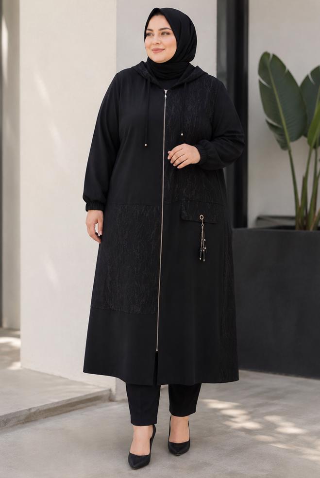 Vêtements hijab NOIR VESTE JACQUARD GRANDE TAILLE 46720 - ALVİNA
