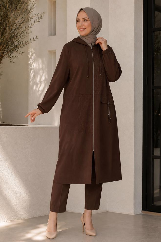 Vêtements hijab BRUN VESTE JACQUARD GRANDE TAILLE 46720 - ALVİNA