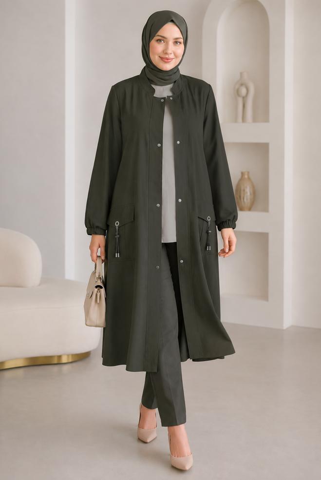 Vêtements hijab KAKI VESTE À COL MANDARIN 46721 - ALVİNA
