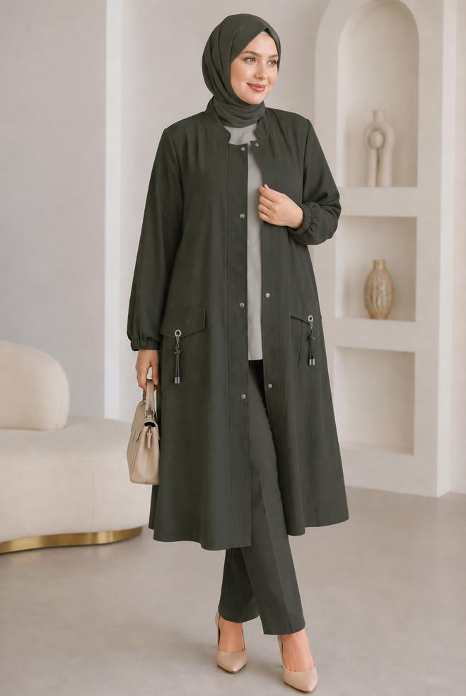 Vêtements hijab KAKI VESTE À COL MANDARIN 46721 - ALVİNA
