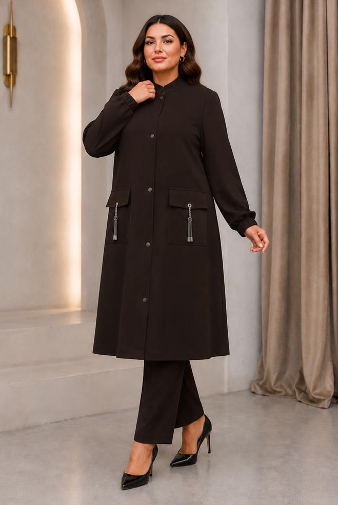 Vêtements hijab BRUN VESTE À COL MANDARIN 46721 - ALVİNA