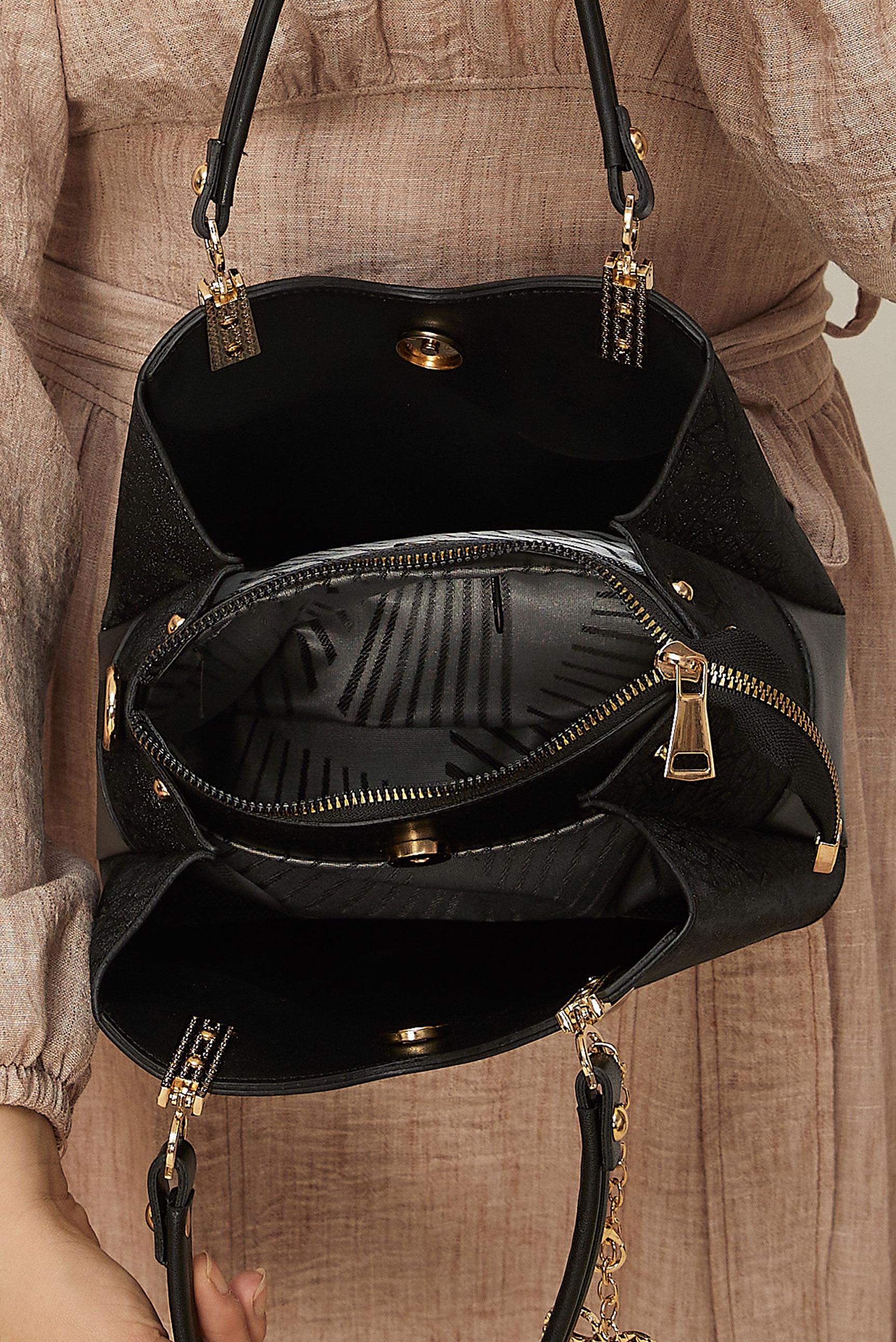 Tesettür giyim SİYAH ALVİNA AKSESUARLI PARLAK ÇANTA 2184-1