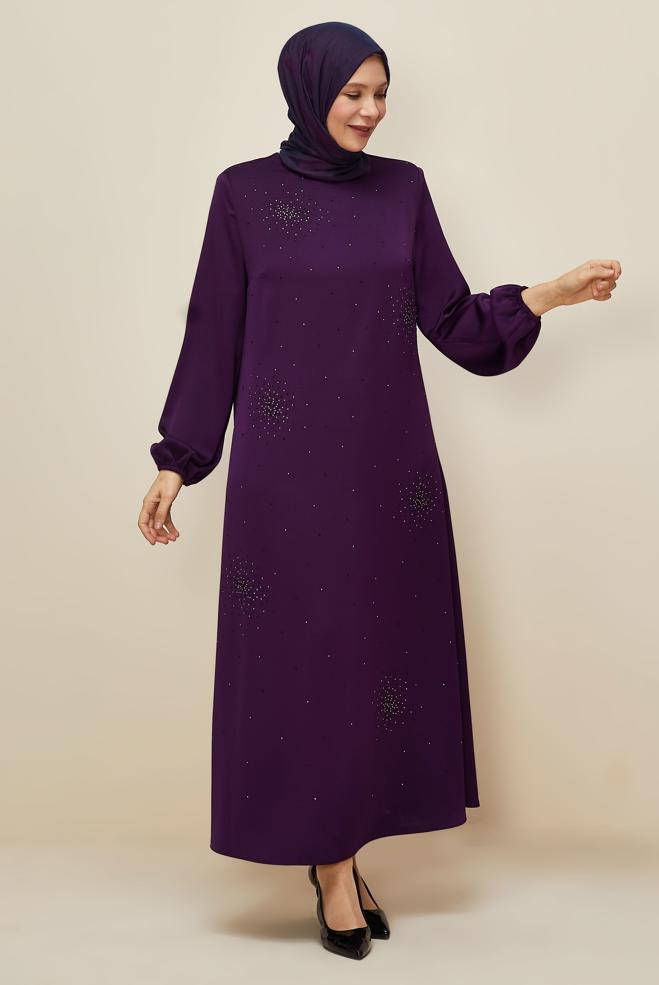 Hijab clothing PURPLE PLUS SIZE SATIN DRESS 20785 - ALVİNA