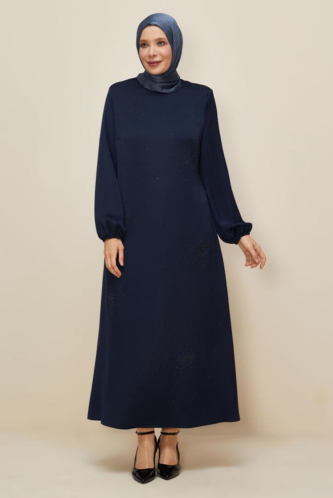 Hijab clothing NAVY BLUE PLUS SIZE SATIN DRESS 20785 - ALVİNA