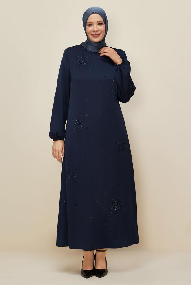 Hijab clothing NAVY BLUE PLUS SIZE SATIN DRESS 20785 - ALVİNA