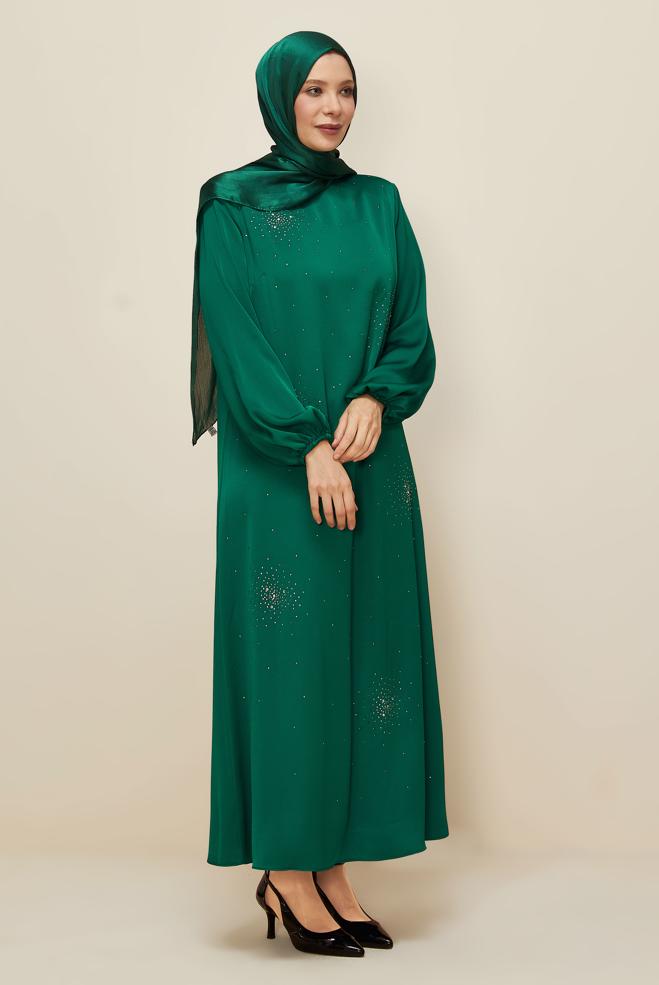 Hijab clothing GREEN PLUS SIZE SATIN DRESS 20785 - ALVİNA