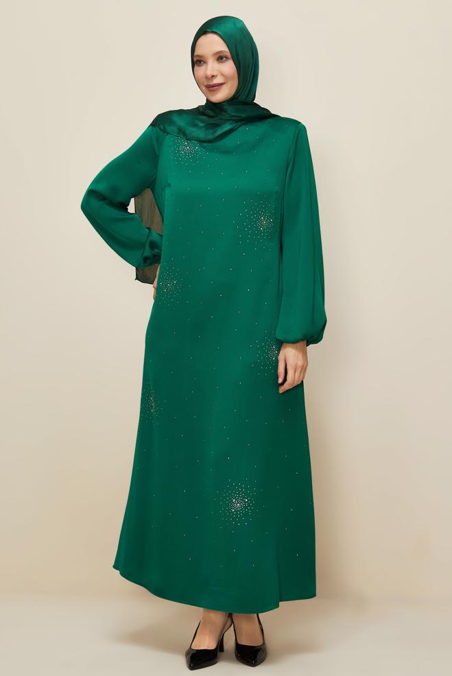 Hijab clothing GREEN PLUS SIZE SATIN DRESS 20785 - ALVİNA