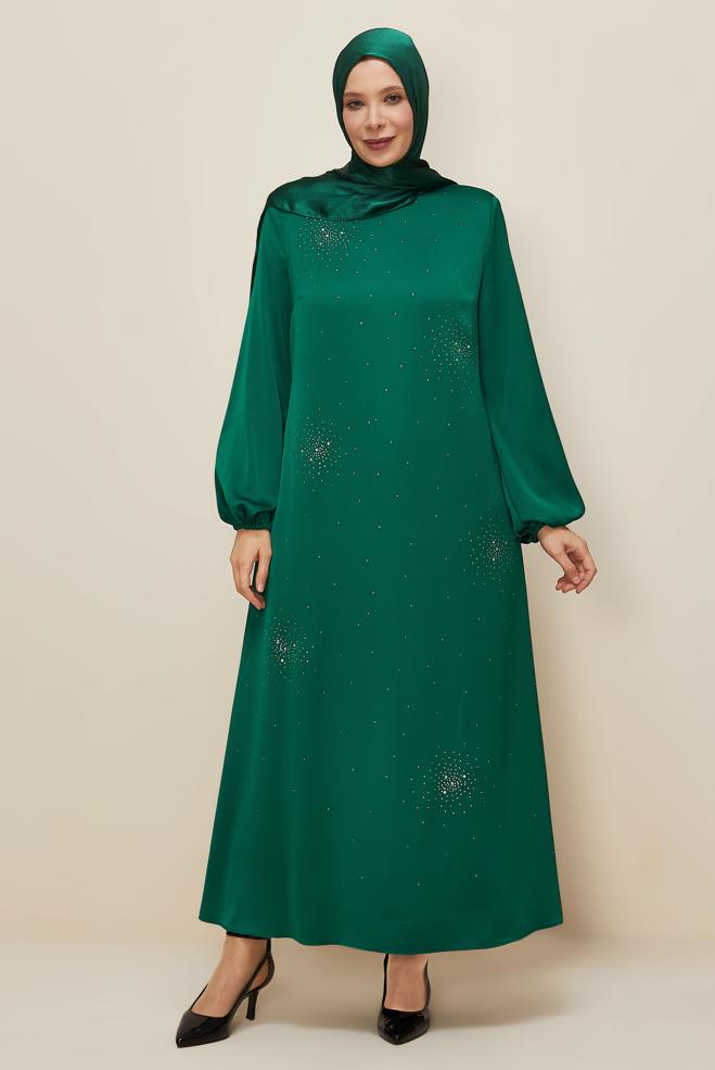 Hijab clothing GREEN PLUS SIZE SATIN DRESS 20785 - ALVİNA