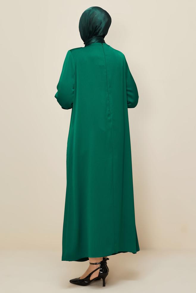 Hijab clothing GREEN PLUS SIZE SATIN DRESS 20785 - ALVİNA