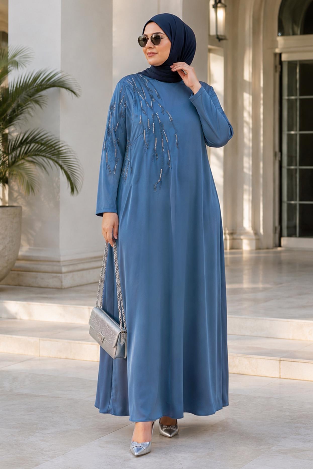Tesettür giyim LACİVERT BÜYÜK BEDEN SATEN ELBİSE 20798