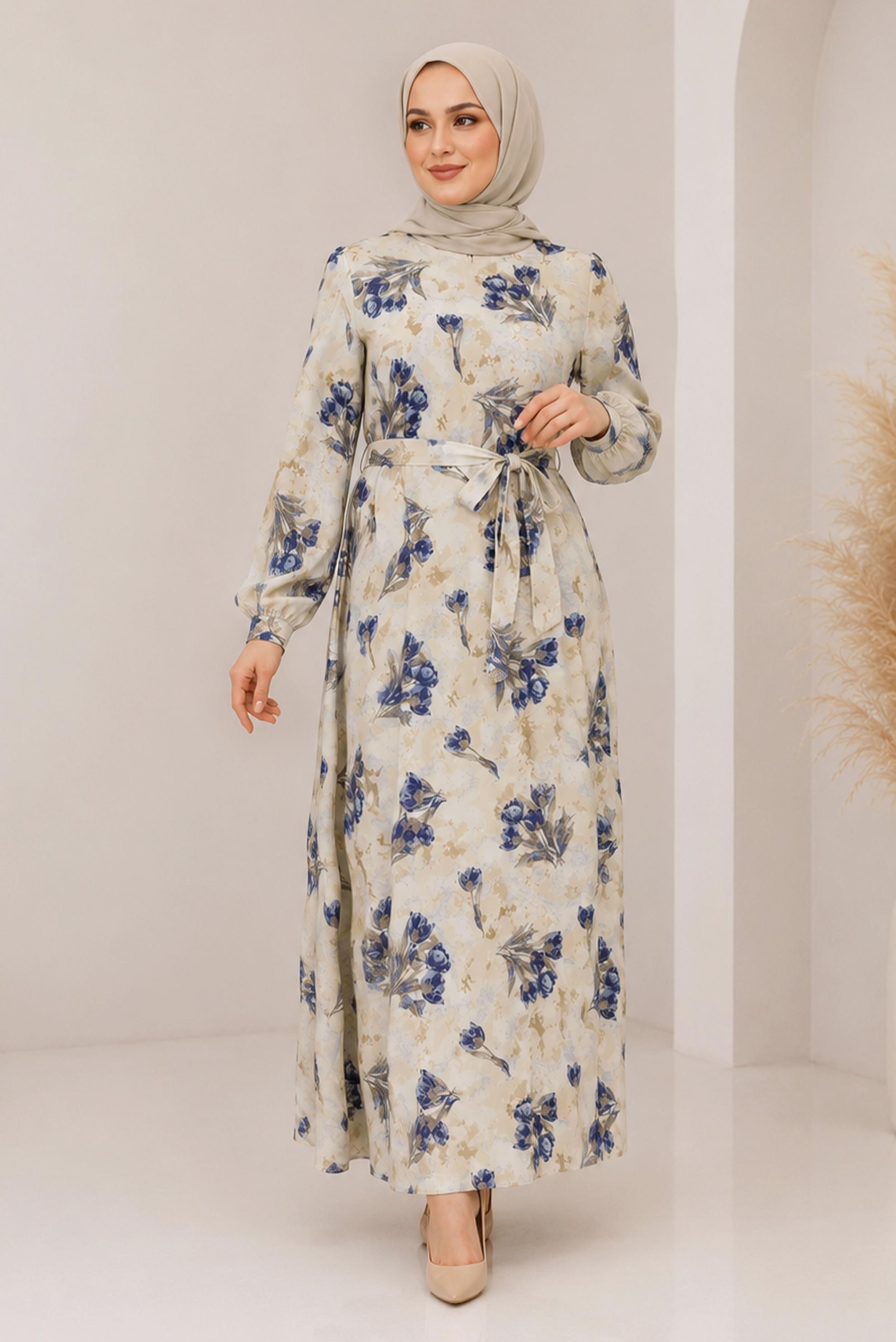 Vêtements hijab BLEU MARINE ROBE EN SATIN À MOTIFS CEINTURÉE 20955