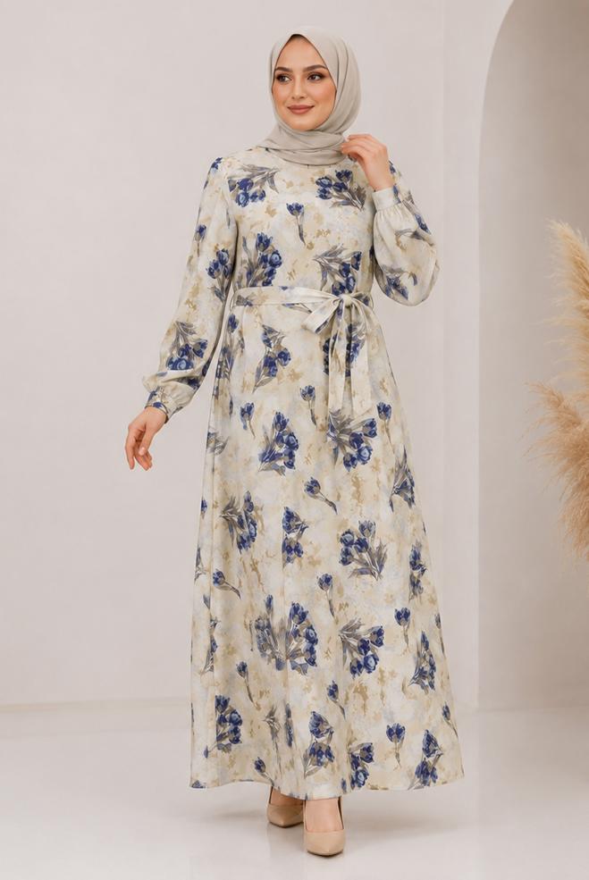 Vêtements hijab BLEU MARINE ROBE EN SATIN À MOTIFS CEINTURÉE 20955 - ALVİNA