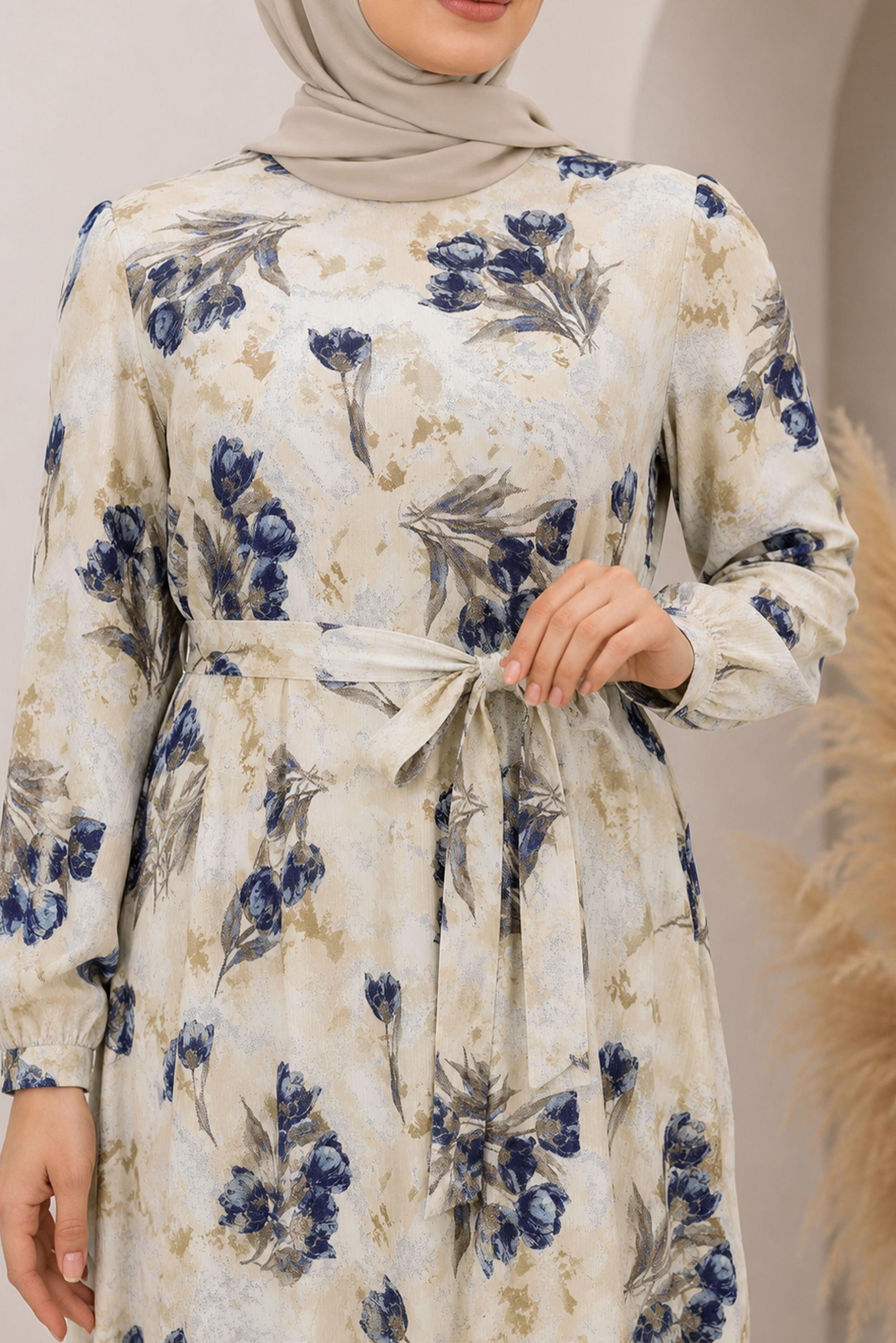 Vêtements hijab BLEU MARINE ROBE EN SATIN À MOTIFS CEINTURÉE 20955