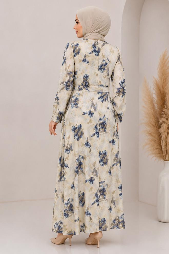 Vêtements hijab BLEU MARINE ROBE EN SATIN À MOTIFS CEINTURÉE 20955 - ALVİNA