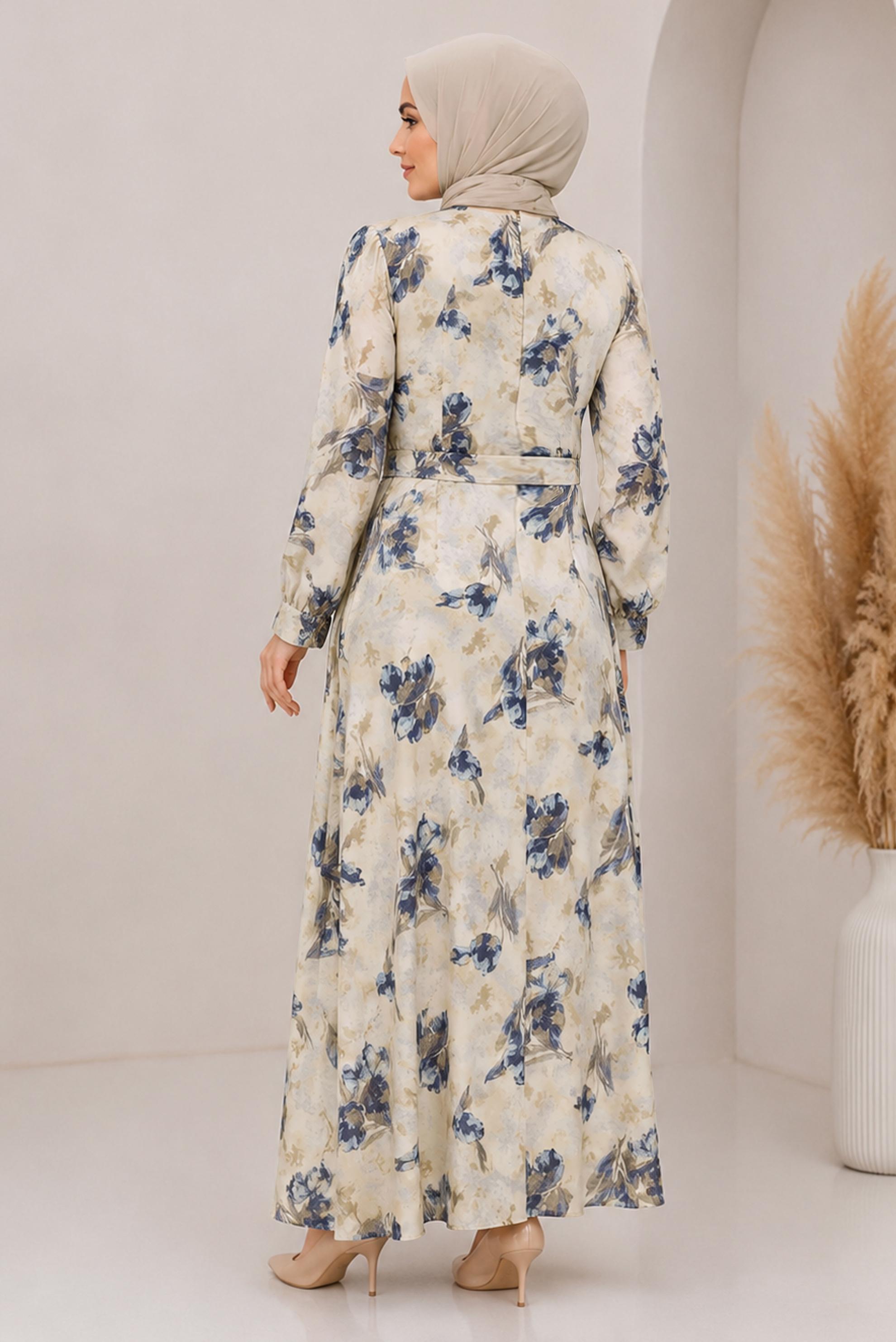 Vêtements hijab BLEU MARINE ROBE EN SATIN À MOTIFS CEINTURÉE 20955