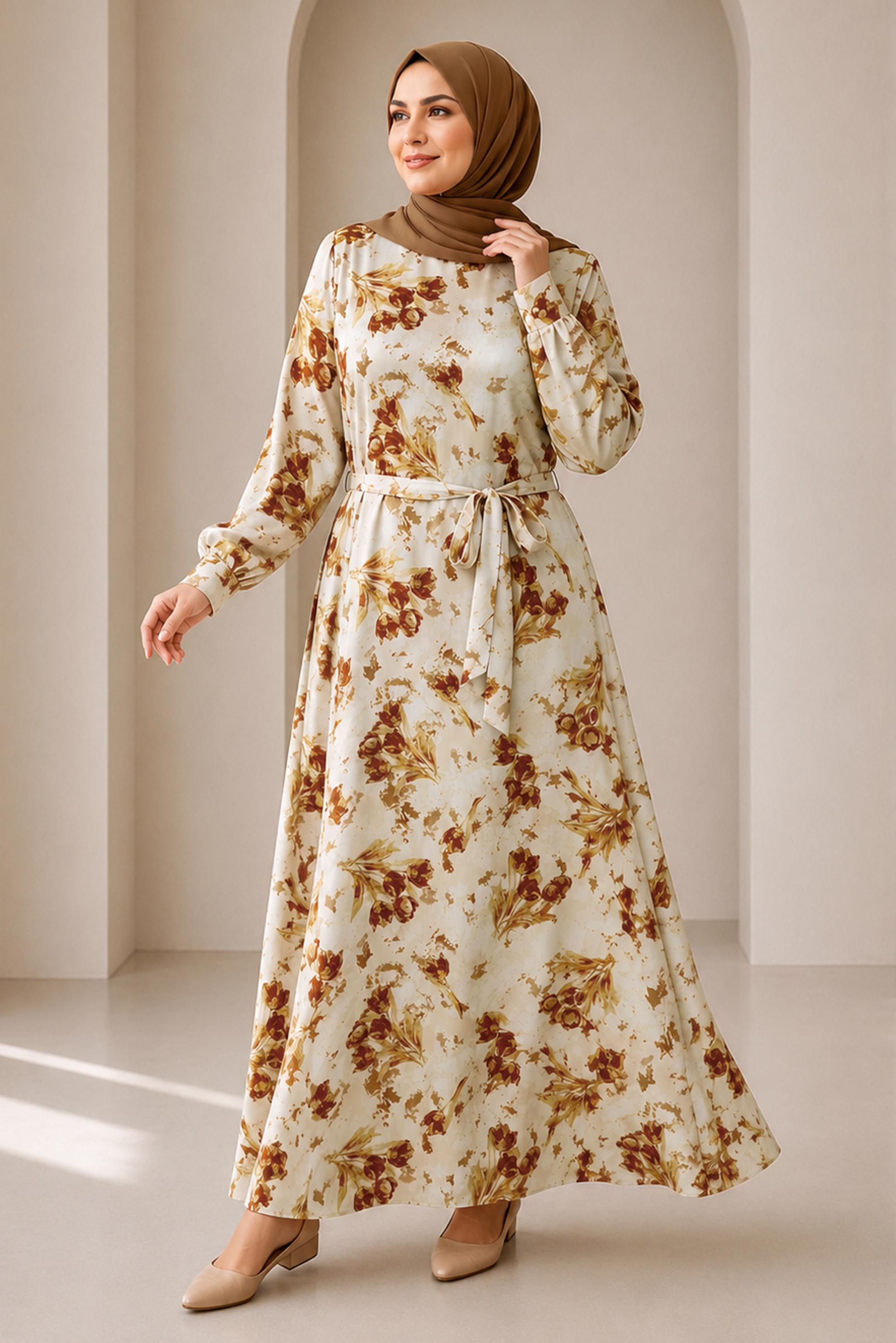 Vêtements hijab TABA ROBE EN SATIN À MOTIFS CEINTURÉE 20955
