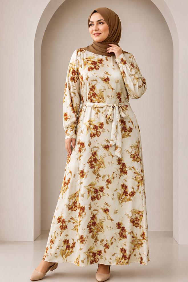 Vêtements hijab TABA ROBE EN SATIN À MOTIFS CEINTURÉE 20955 - ALVİNA