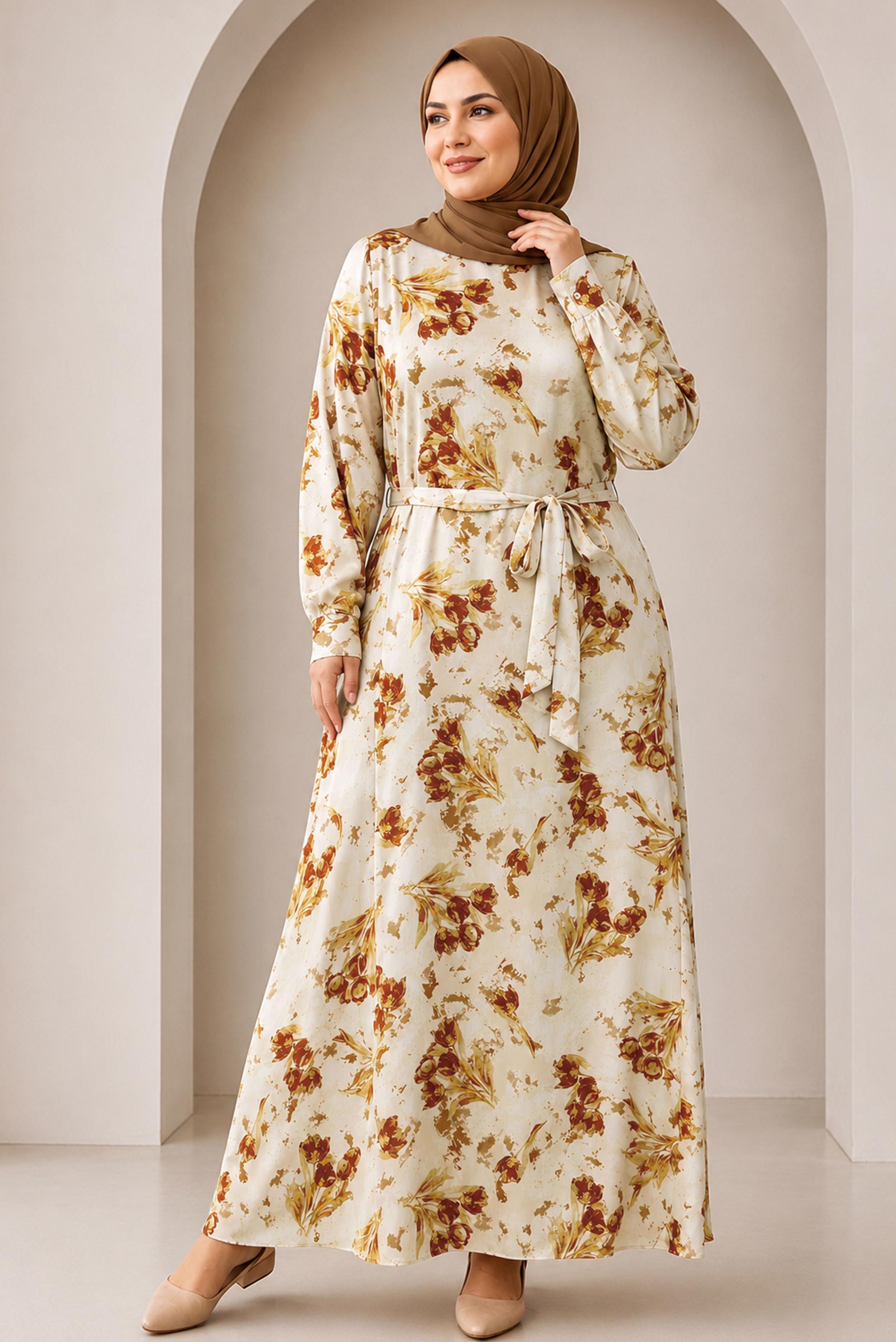 Vêtements hijab TABA ROBE EN SATIN À MOTIFS CEINTURÉE 20955