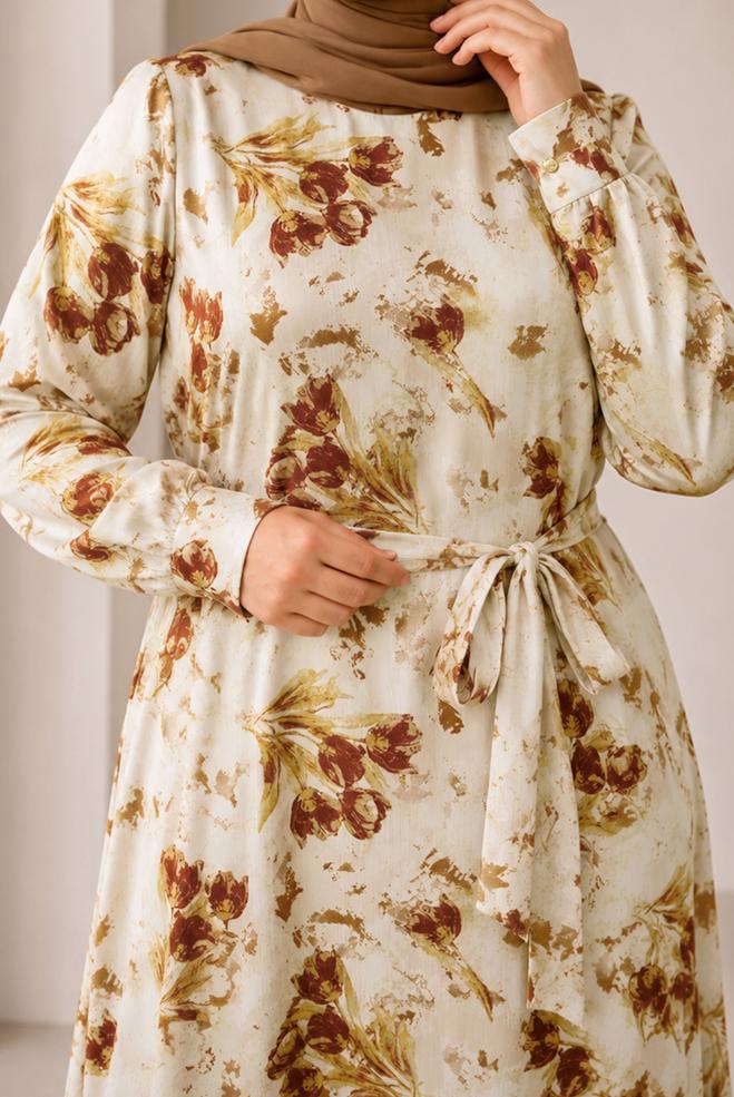 Vêtements hijab TABA ROBE EN SATIN À MOTIFS CEINTURÉE 20955 - ALVİNA