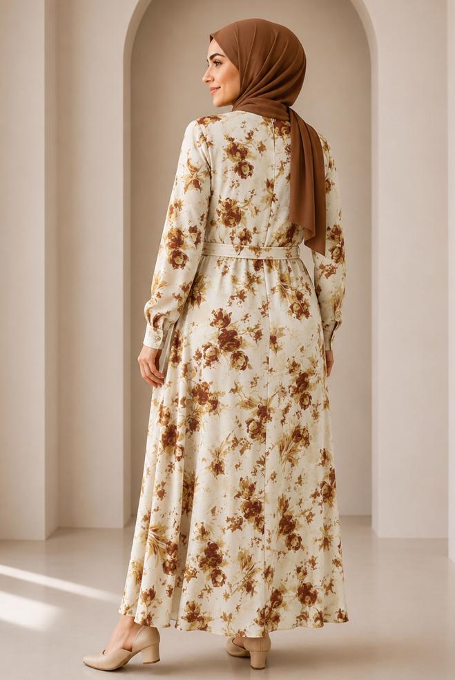 Vêtements hijab TABA ROBE EN SATIN À MOTIFS CEINTURÉE 20955 - ALVİNA