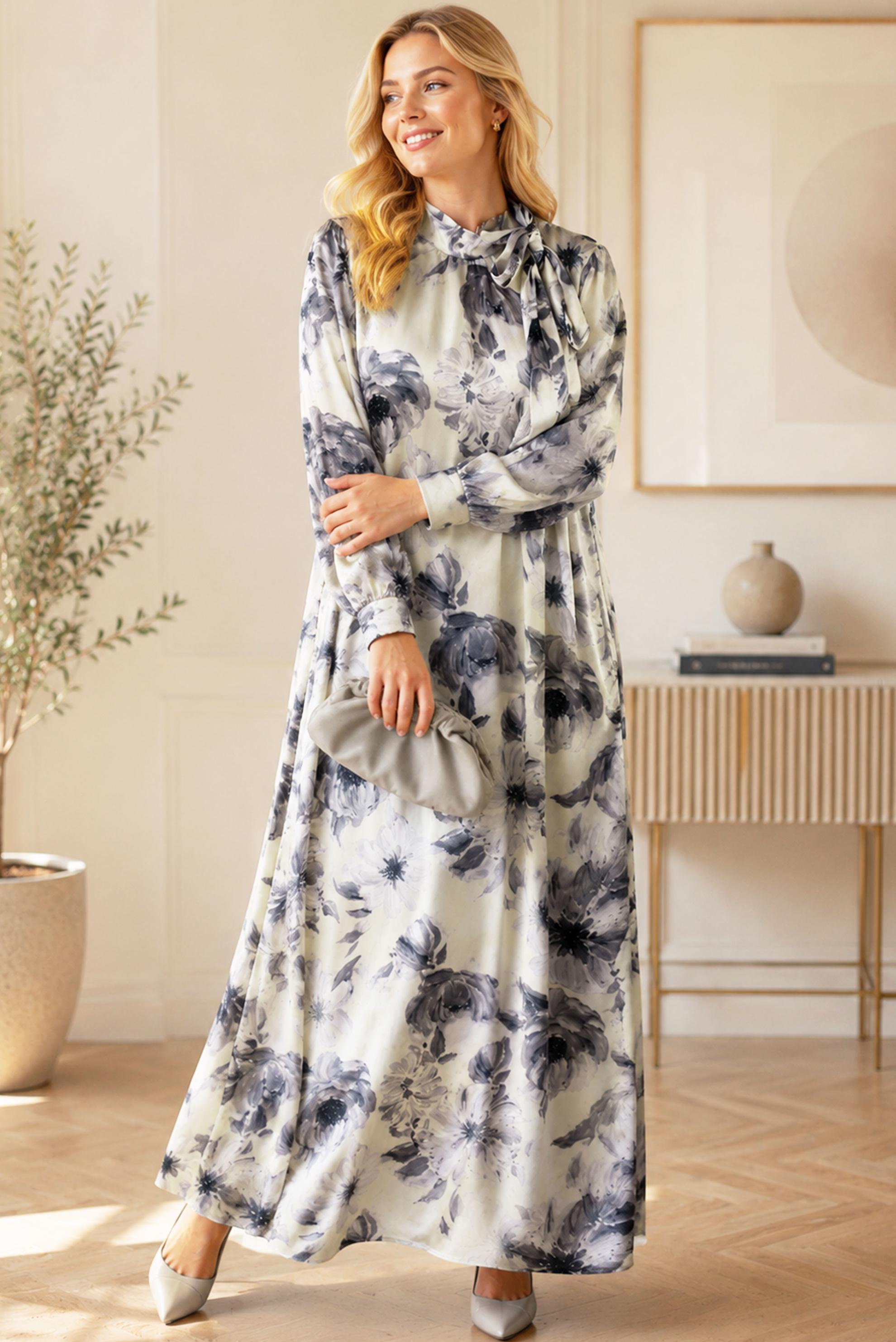 Vêtements hijab NOIR ROBE EN SATIN À MOTIFS 20956
