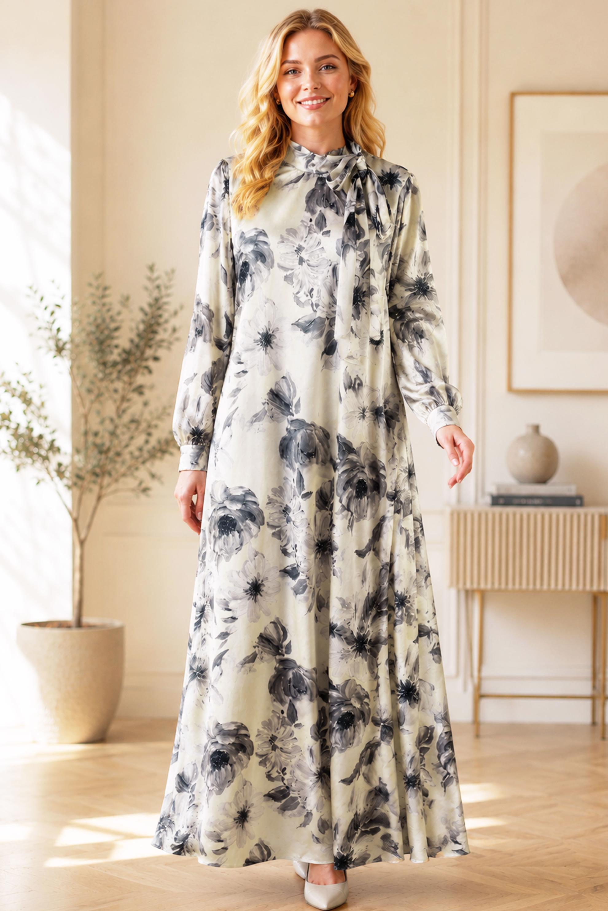 Vêtements hijab NOIR ROBE EN SATIN À MOTIFS 20956
